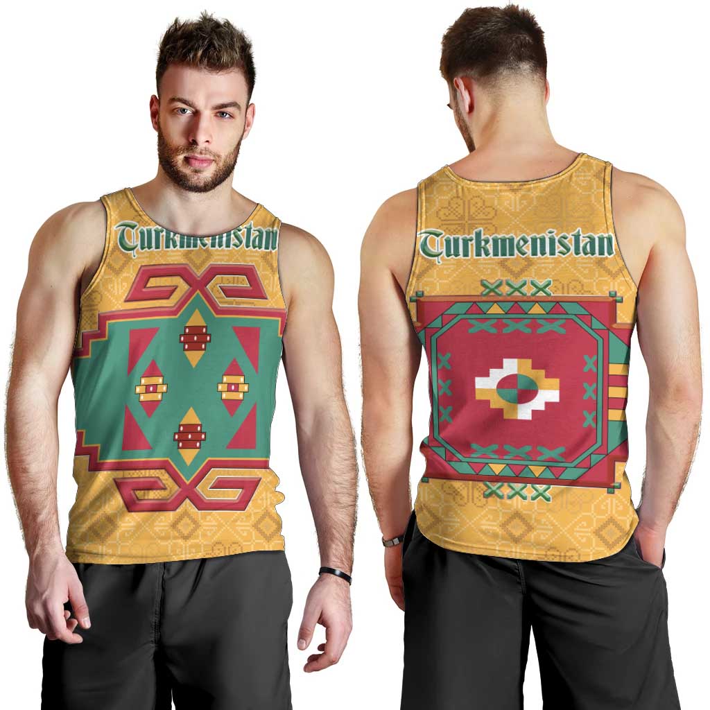 Turkmenistan Traditional Carpet Motif Men Tank Top with Ethnic Pattern Design