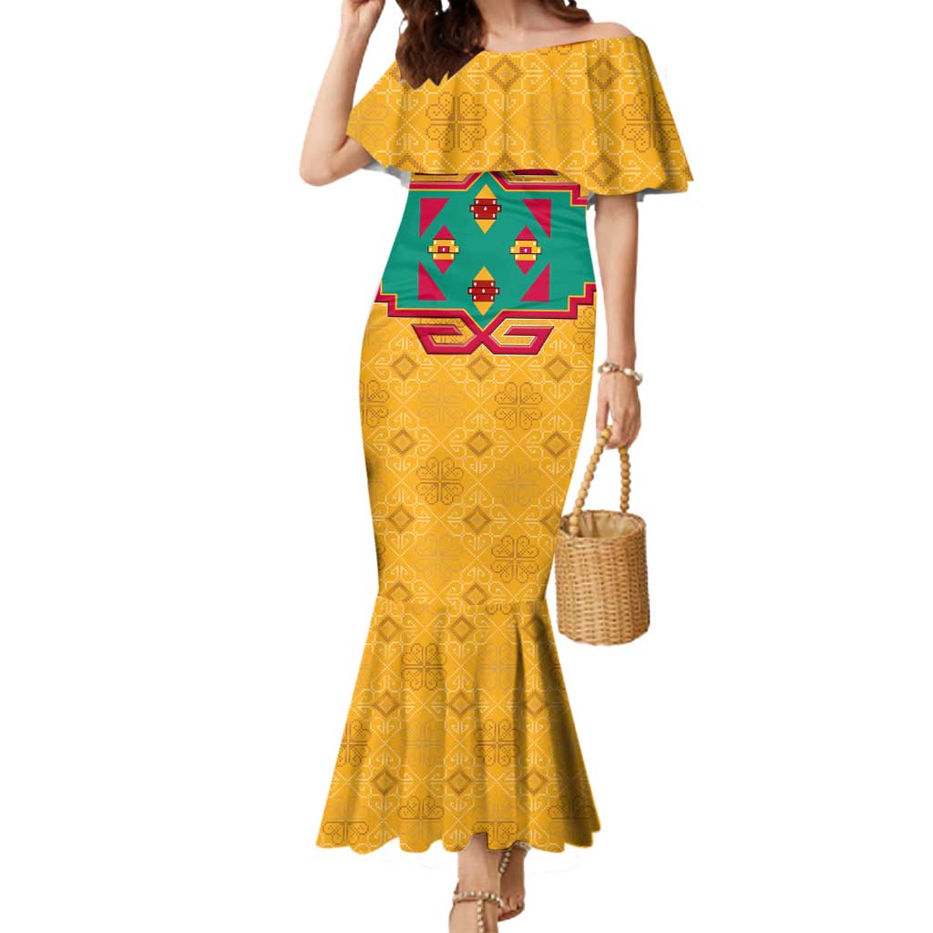 Turkmenistan Traditional Carpet Motif Mermaid Dress with Ethnic Pattern Design