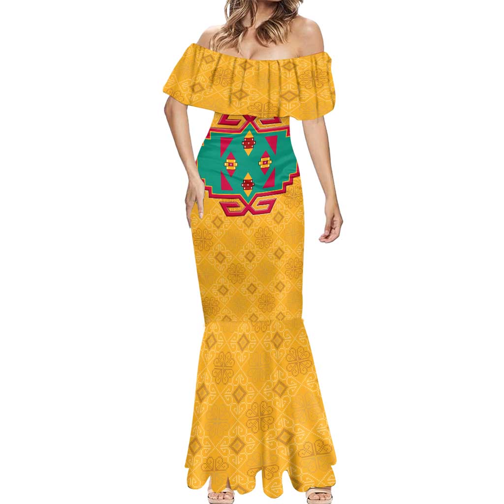 Turkmenistan Traditional Carpet Motif Mermaid Dress with Ethnic Pattern Design