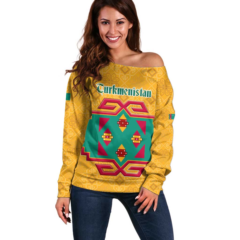Turkmenistan Traditional Carpet Motif Off Shoulder Sweater with Ethnic Pattern Design