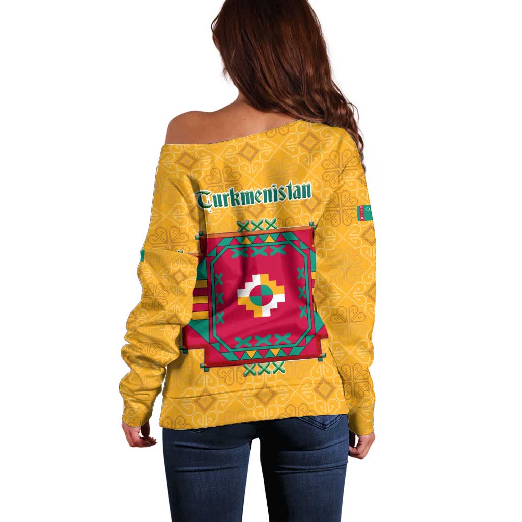 Turkmenistan Traditional Carpet Motif Off Shoulder Sweater with Ethnic Pattern Design