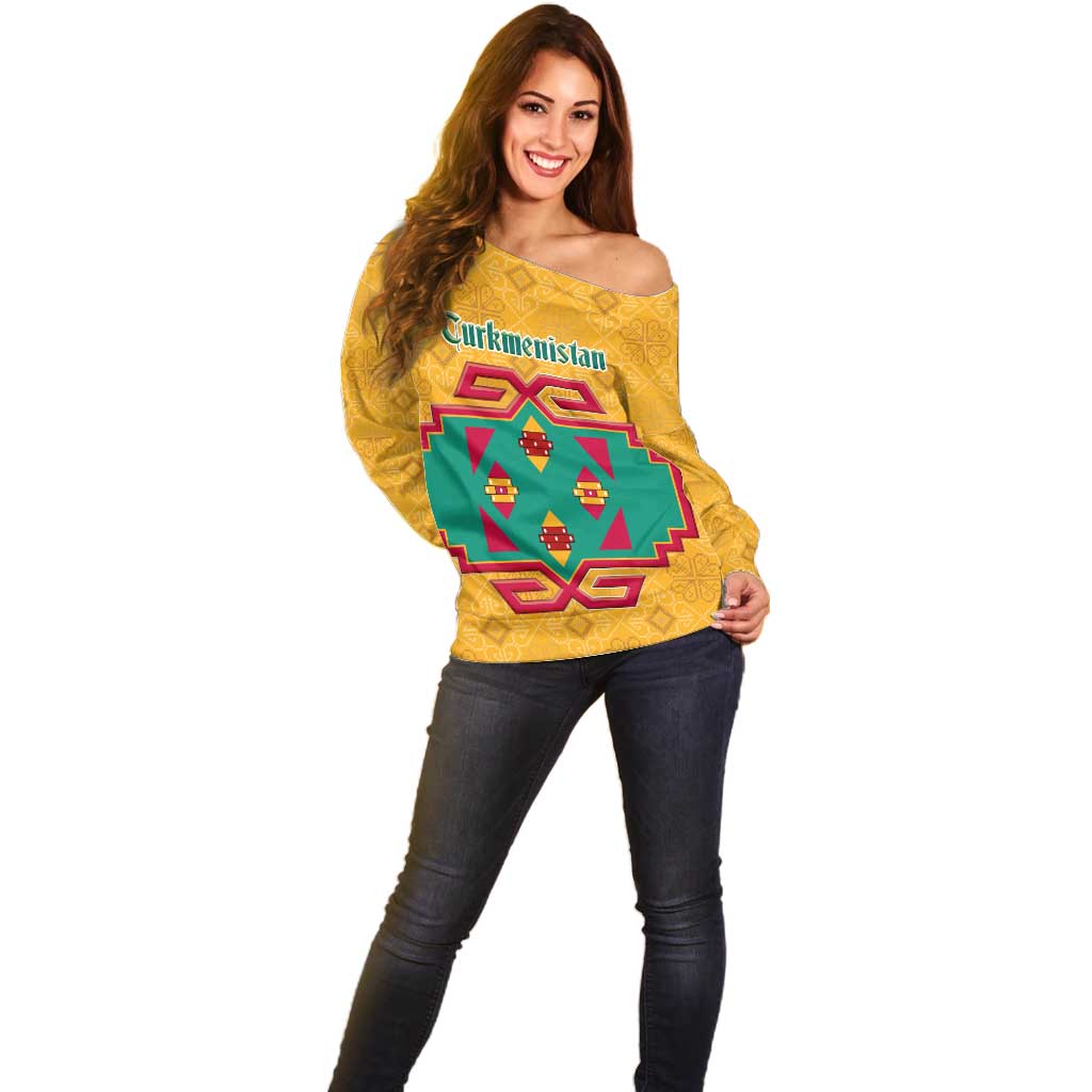 Turkmenistan Traditional Carpet Motif Off Shoulder Sweater with Ethnic Pattern Design