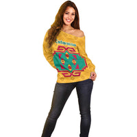Turkmenistan Traditional Carpet Motif Off Shoulder Sweater with Ethnic Pattern Design