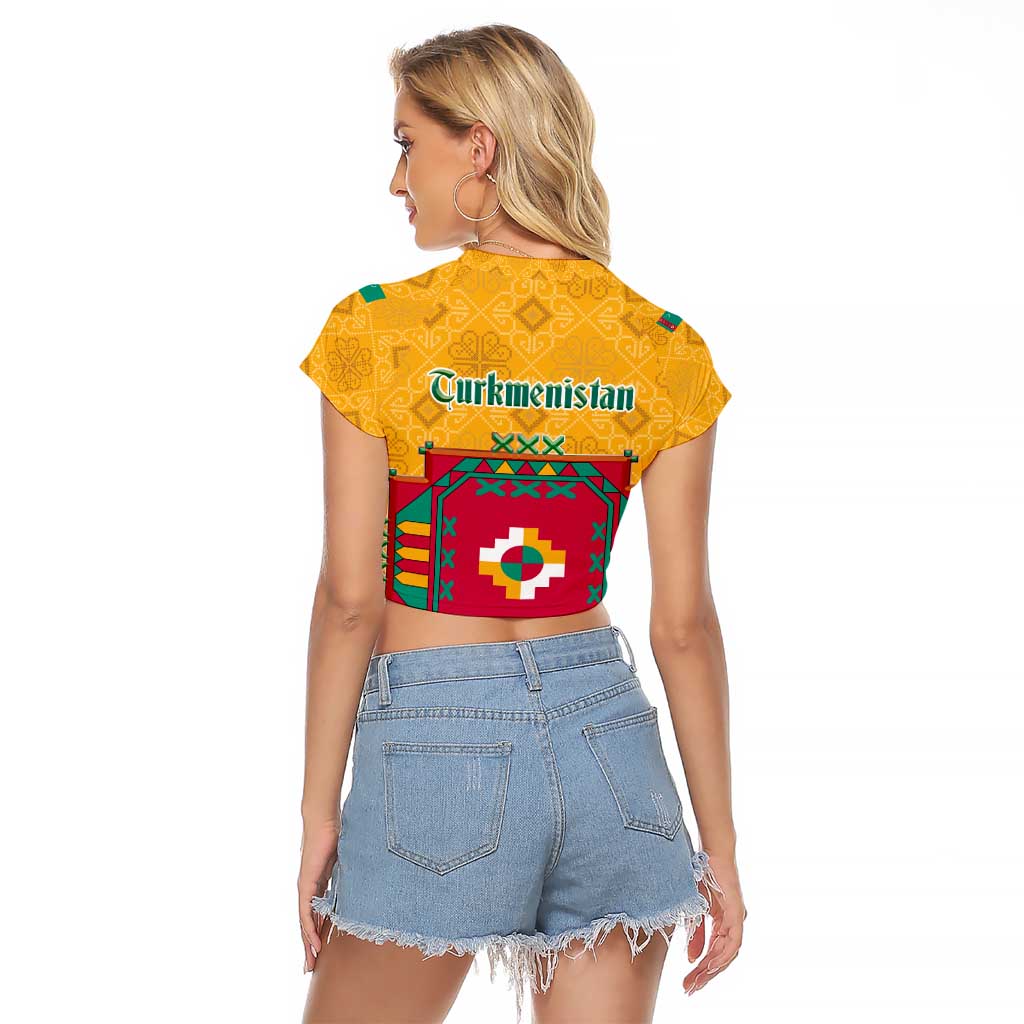 Turkmenistan Traditional Carpet Motif Raglan Cropped T Shirt with Ethnic Pattern Design