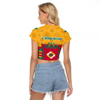 Turkmenistan Traditional Carpet Motif Raglan Cropped T Shirt with Ethnic Pattern Design