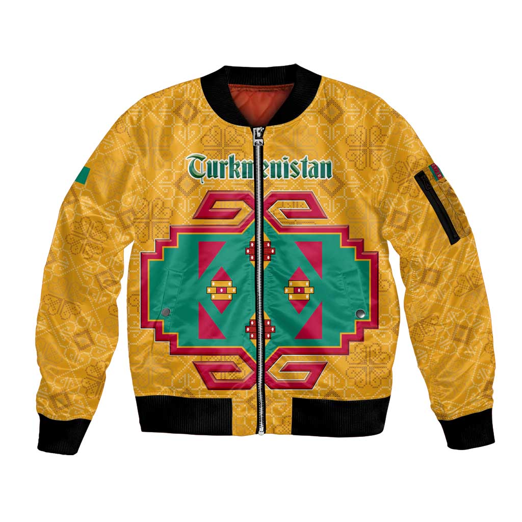 Turkmenistan Traditional Carpet Motif Sleeve Zip Bomber Jacket with Ethnic Pattern Design