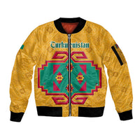Turkmenistan Traditional Carpet Motif Sleeve Zip Bomber Jacket with Ethnic Pattern Design