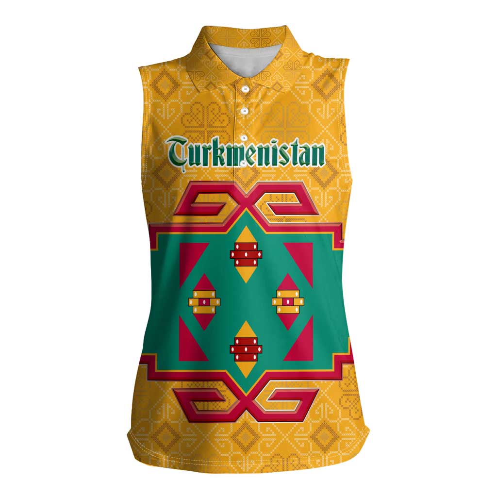 Turkmenistan Traditional Carpet Motif Women Sleeveless Polo Shirt with Ethnic Pattern Design