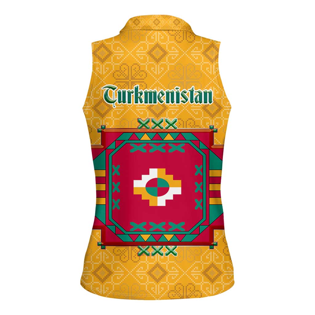 Turkmenistan Traditional Carpet Motif Women Sleeveless Polo Shirt with Ethnic Pattern Design