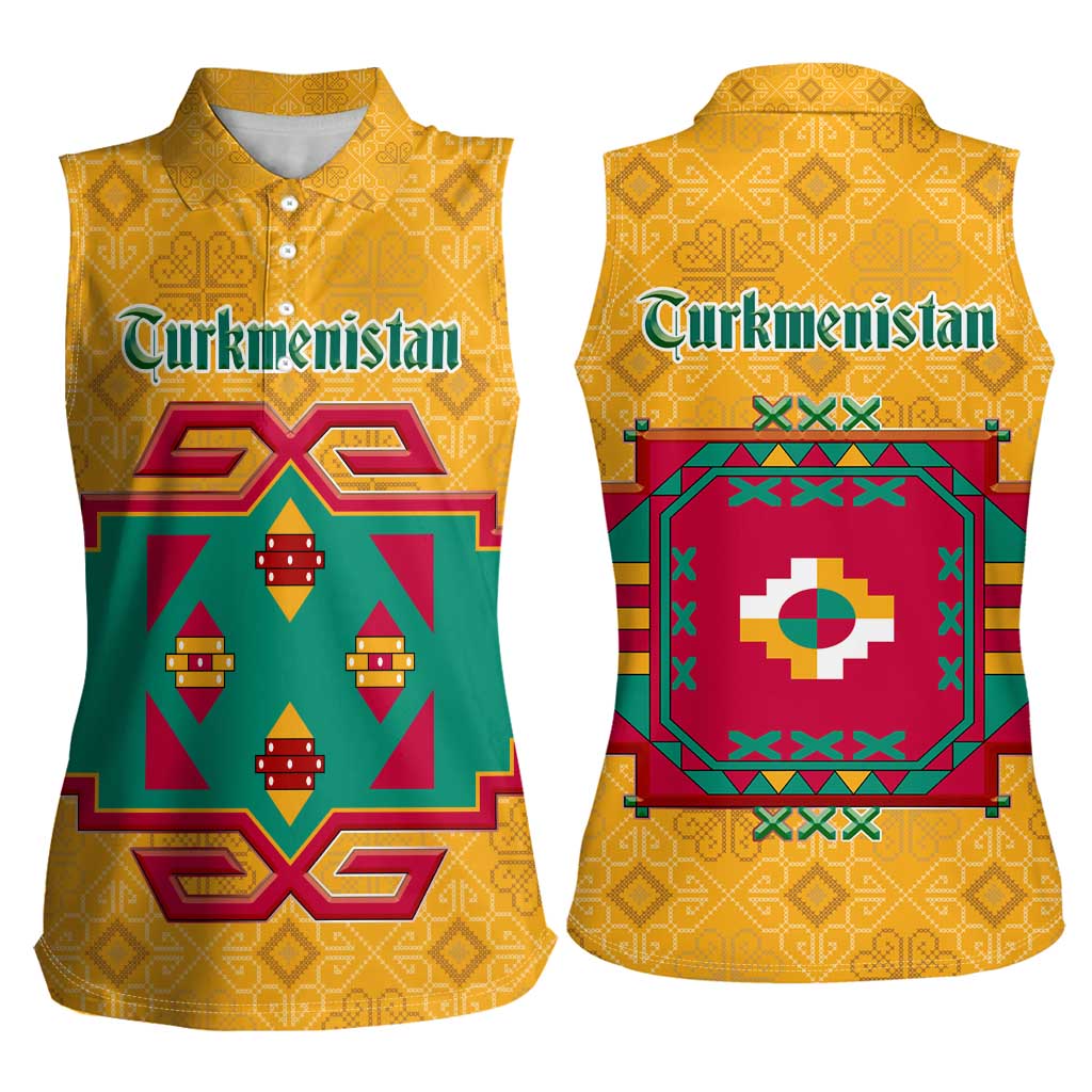 Turkmenistan Traditional Carpet Motif Women Sleeveless Polo Shirt with Ethnic Pattern Design
