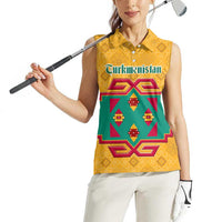 Turkmenistan Traditional Carpet Motif Women Sleeveless Polo Shirt with Ethnic Pattern Design