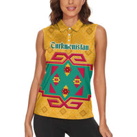 Turkmenistan Traditional Carpet Motif Women Sleeveless Polo Shirt with Ethnic Pattern Design