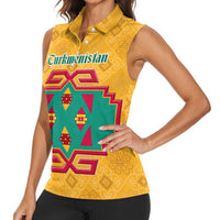 Turkmenistan Traditional Carpet Motif Women Sleeveless Polo Shirt with Ethnic Pattern Design