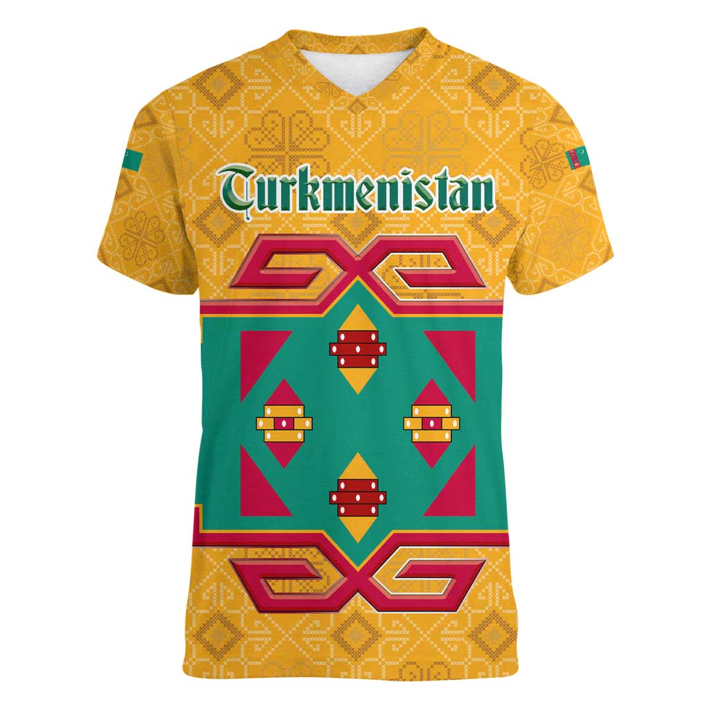 Turkmenistan Traditional Carpet Motif Women V-Neck T-Shirt with Ethnic Pattern Design