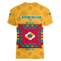 Turkmenistan Traditional Carpet Motif Women V-Neck T-Shirt with Ethnic Pattern Design