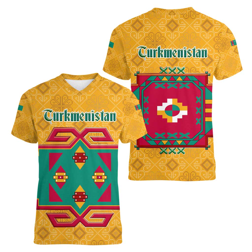 Turkmenistan Traditional Carpet Motif Women V-Neck T-Shirt with Ethnic Pattern Design