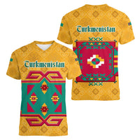 Turkmenistan Traditional Carpet Motif Women V-Neck T-Shirt with Ethnic Pattern Design