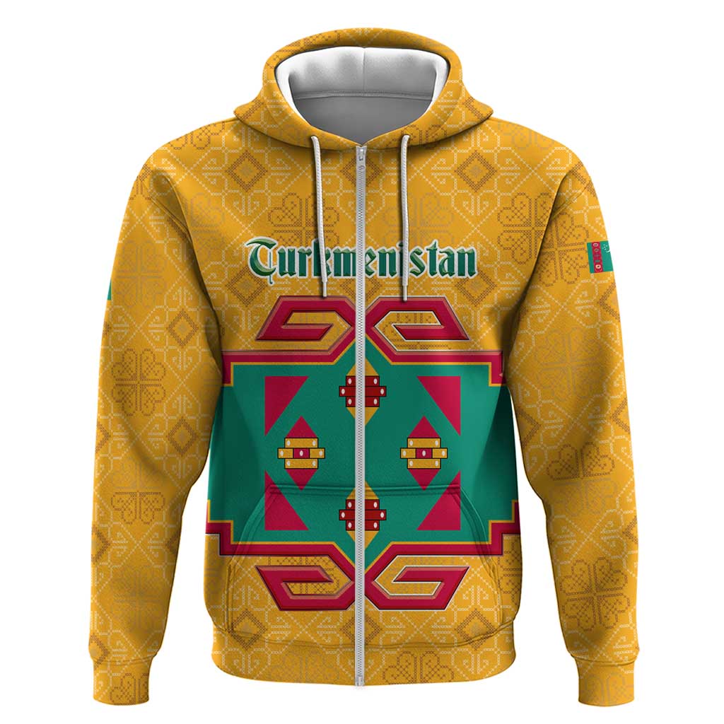 Turkmenistan Traditional Carpet Motif Zip Hoodie with Ethnic Pattern Design