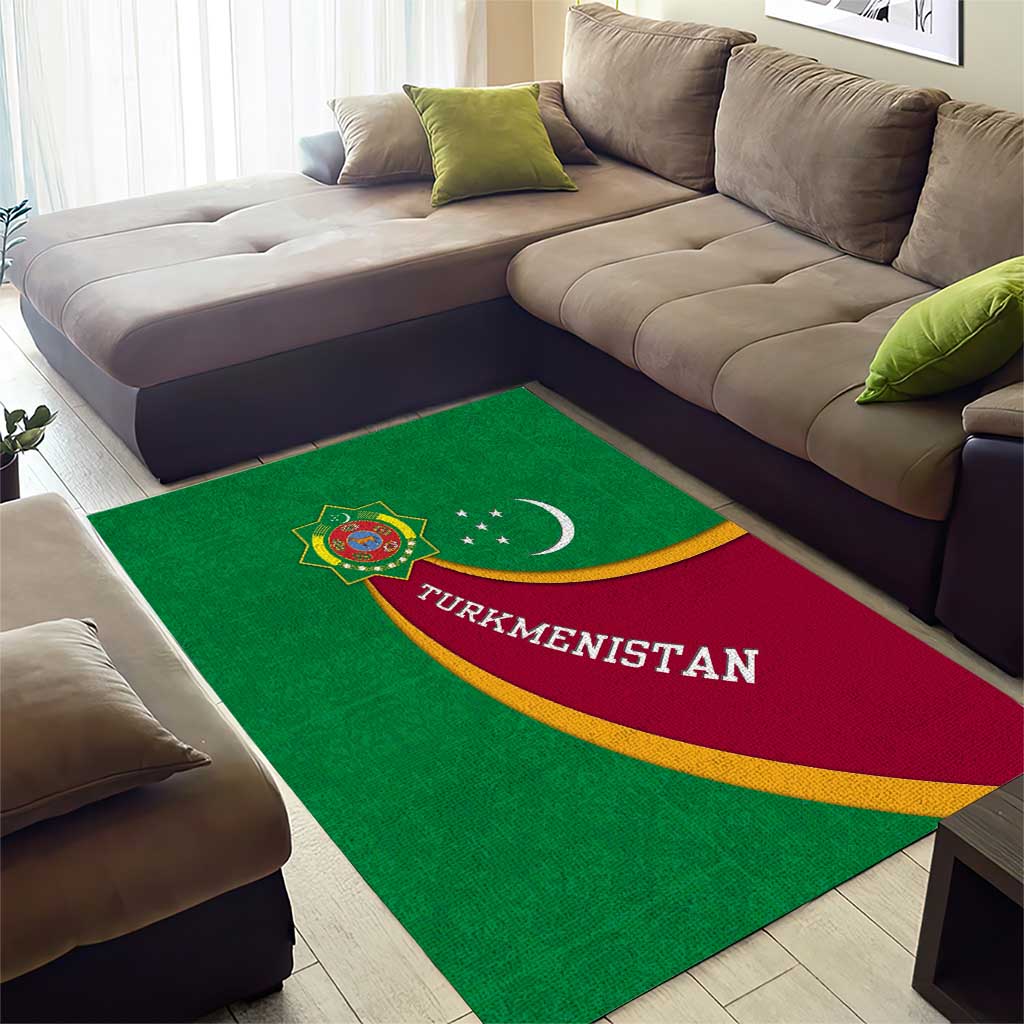 Turkmenistan Green Area Rug with Crescent Moon and State Emblem Design