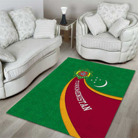 Turkmenistan Green Area Rug with Crescent Moon and State Emblem Design
