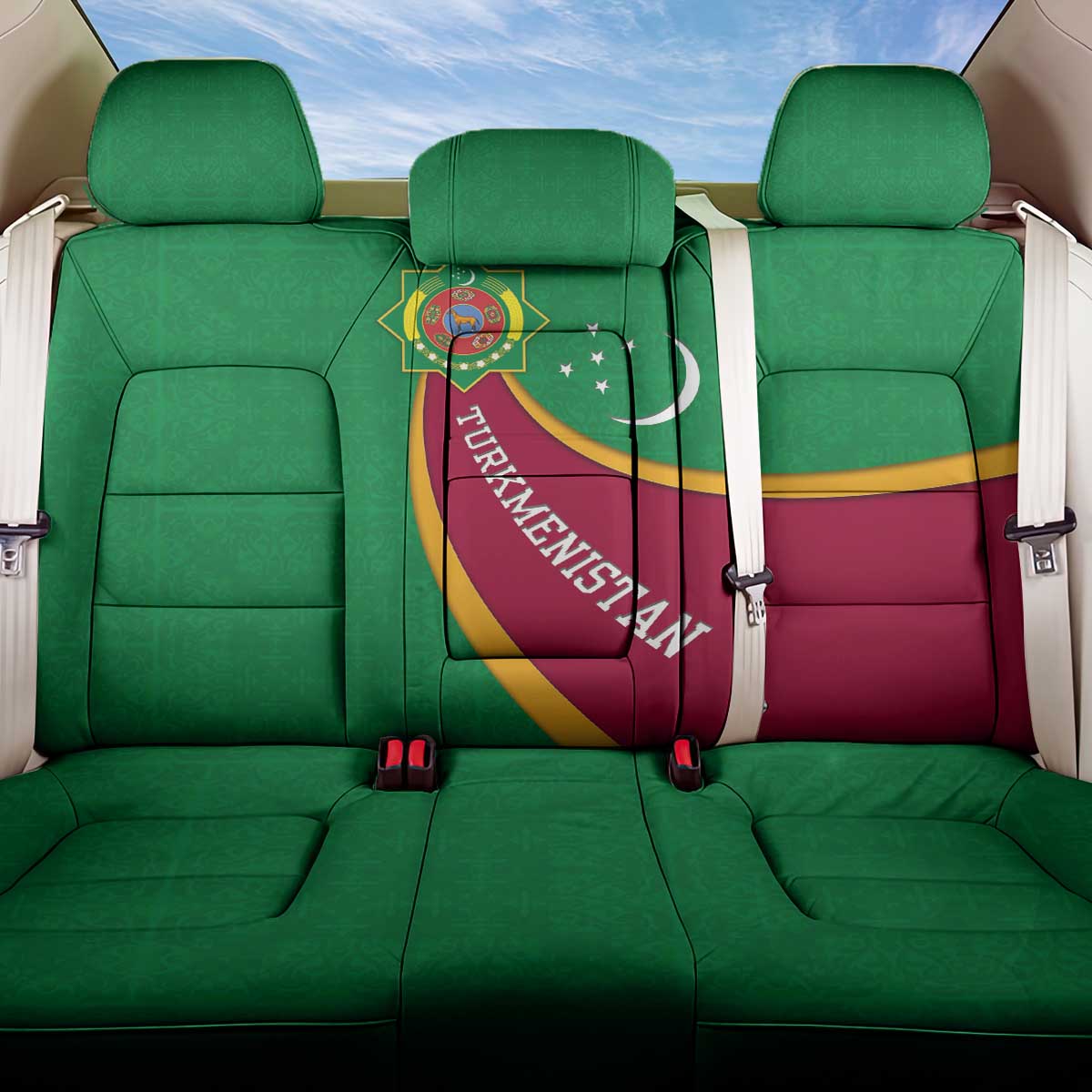 Turkmenistan Green Back Car Seat Cover with Crescent Moon and State Emblem Design
