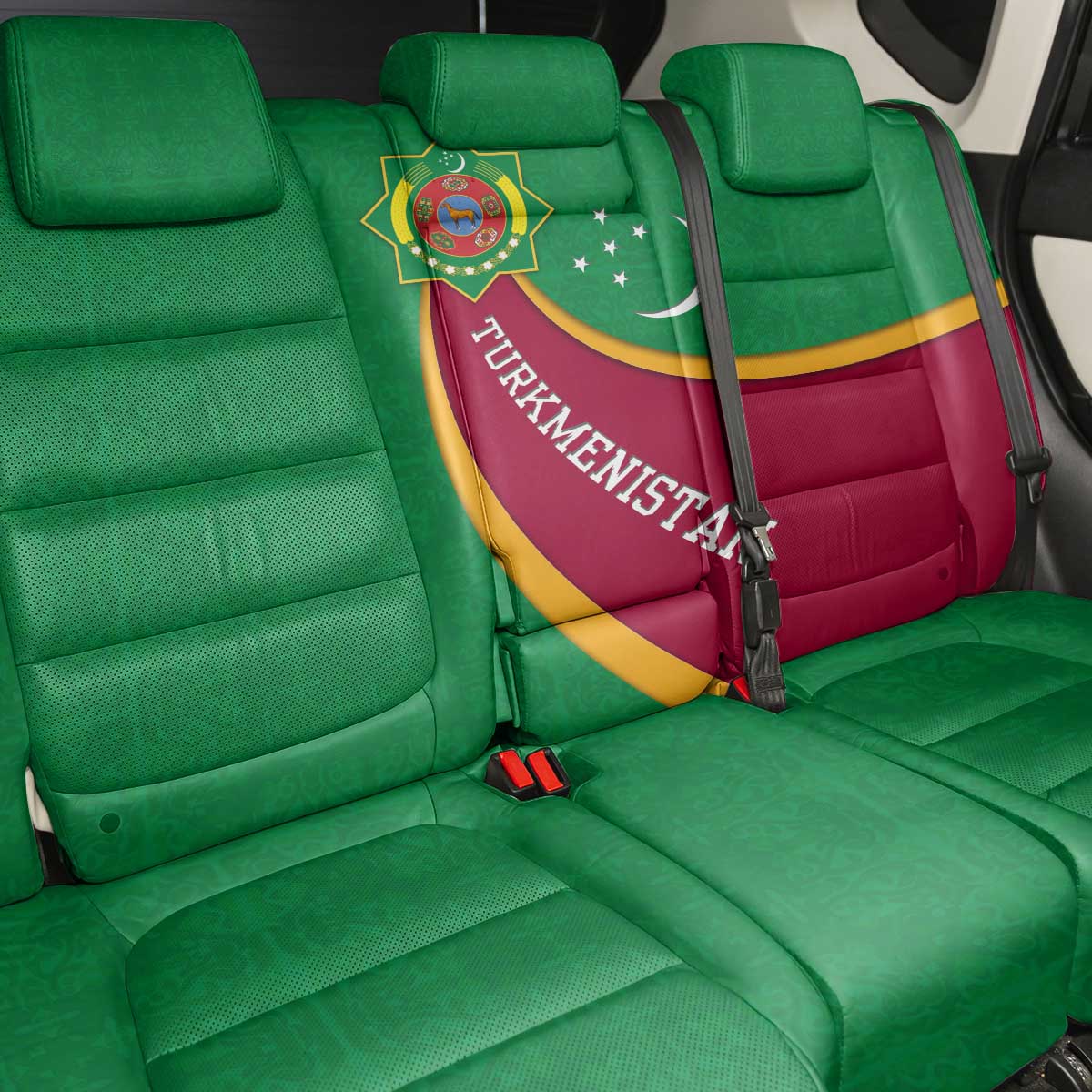 Turkmenistan Green Back Car Seat Cover with Crescent Moon and State Emblem Design