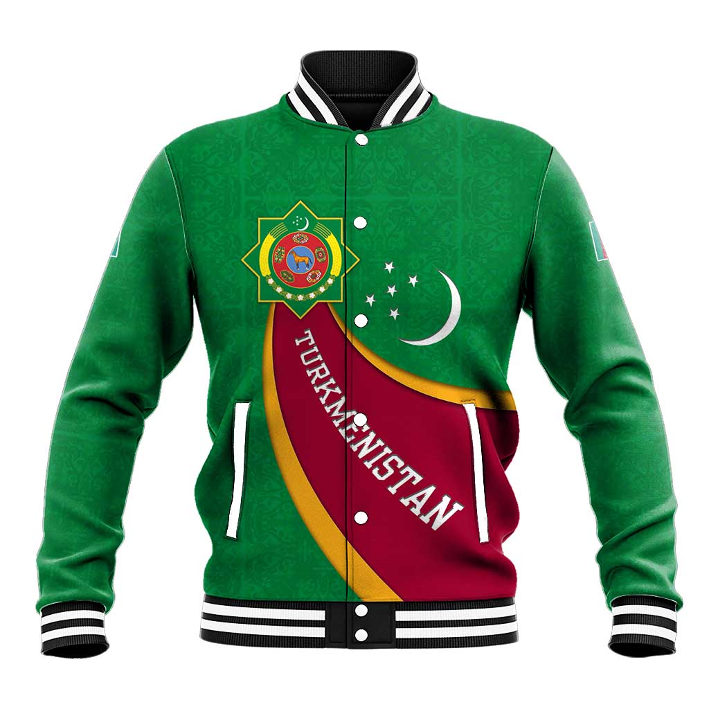 Turkmenistan Green Baseball Jacket with Crescent Moon and State Emblem Design