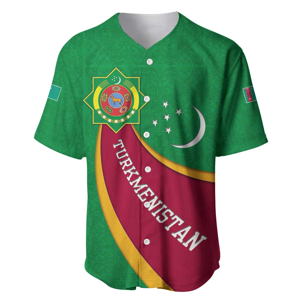 Turkmenistan Green Baseball Jersey with Crescent Moon and State Emblem Design