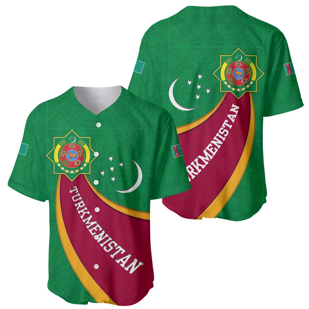 Turkmenistan Green Baseball Jersey with Crescent Moon and State Emblem Design