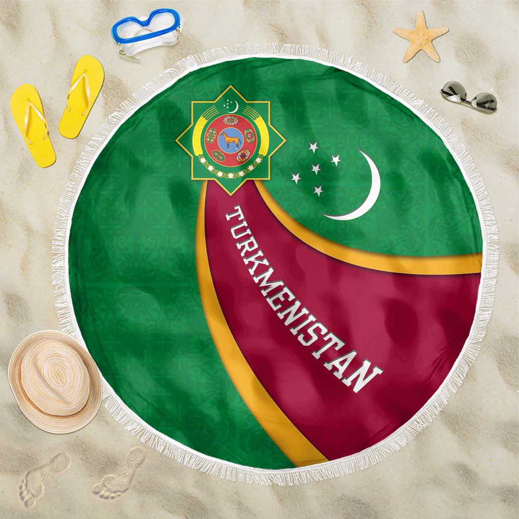 Turkmenistan Green Beach Blanket with Crescent Moon and State Emblem Design