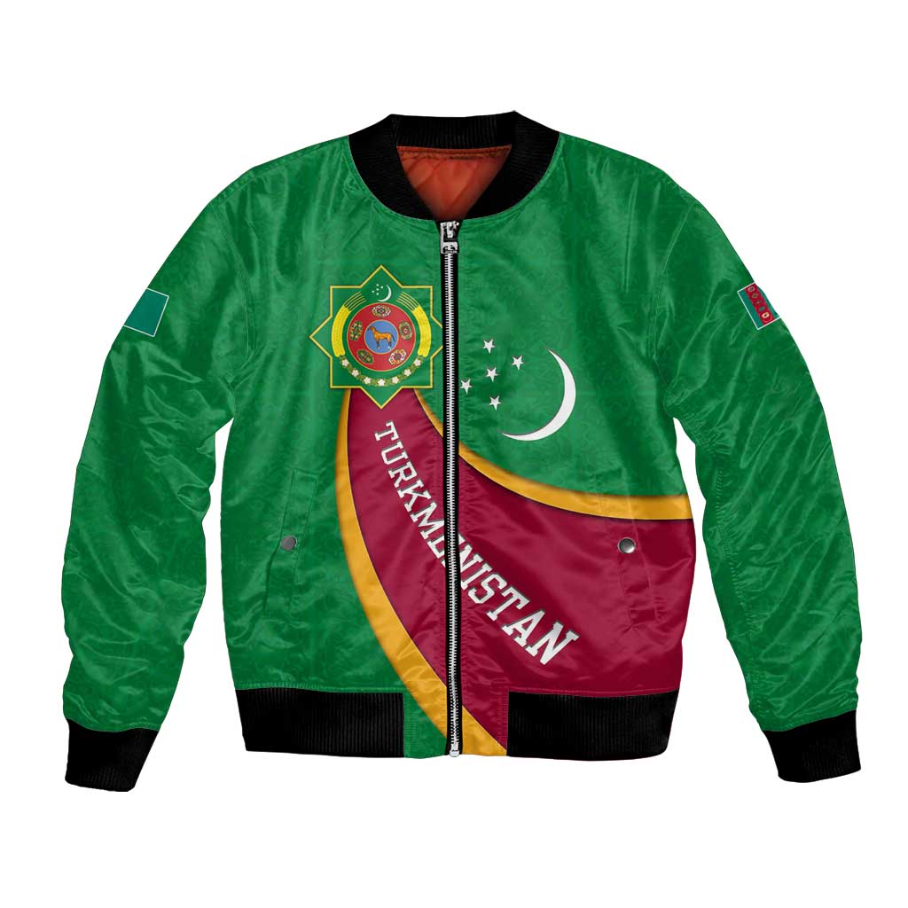 Turkmenistan Green Bomber Jacket with Crescent Moon and State Emblem Design