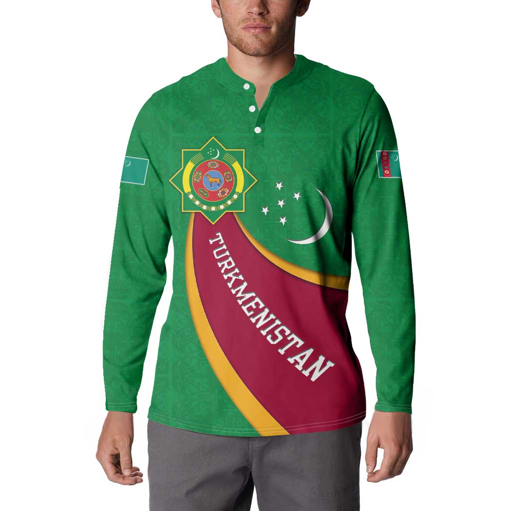 Turkmenistan Green Button Sweatshirt with Crescent Moon and State Emblem Design