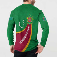 Turkmenistan Green Button Sweatshirt with Crescent Moon and State Emblem Design