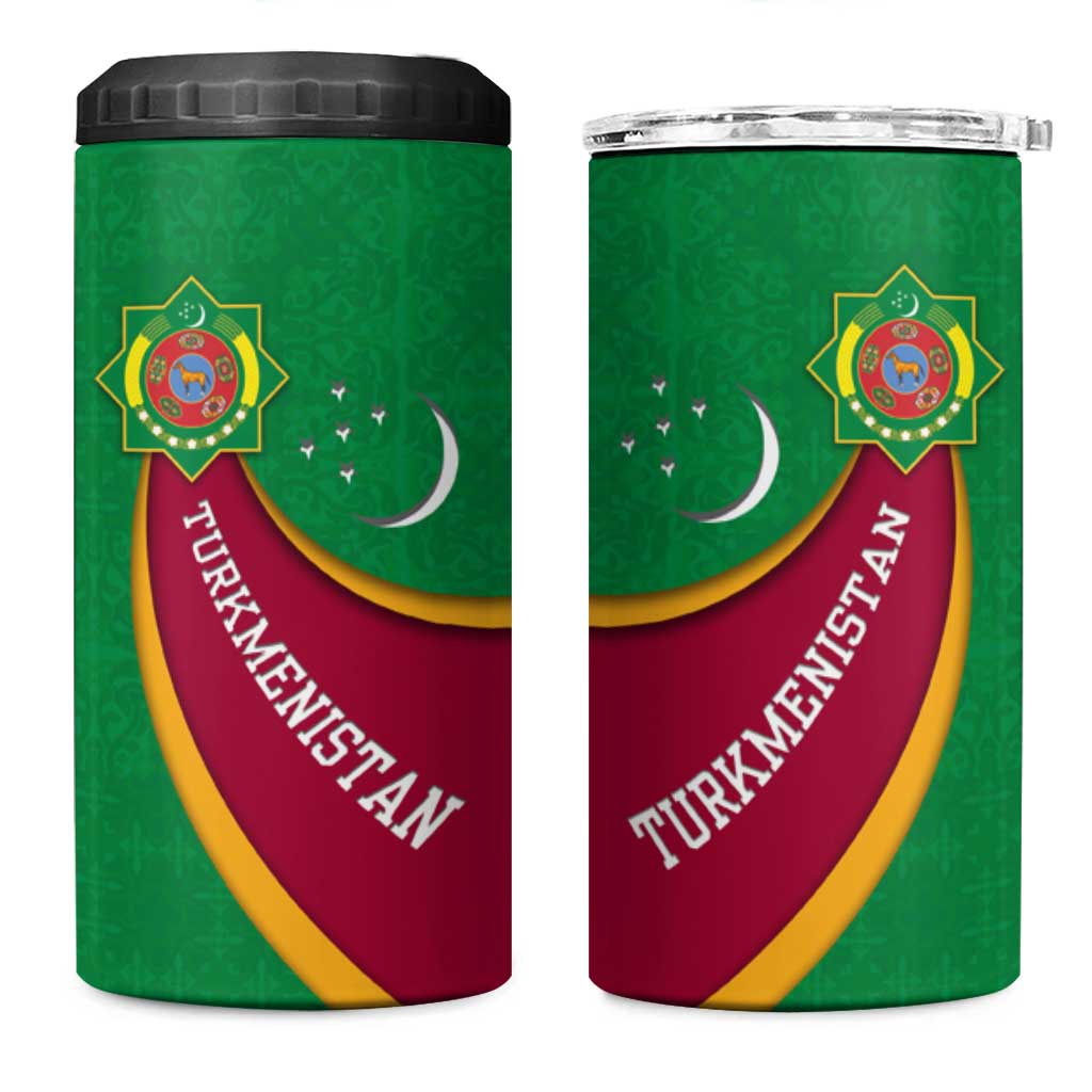 Turkmenistan Green 4 in 1 Can Cooler Tumbler with Crescent Moon and State Emblem Design