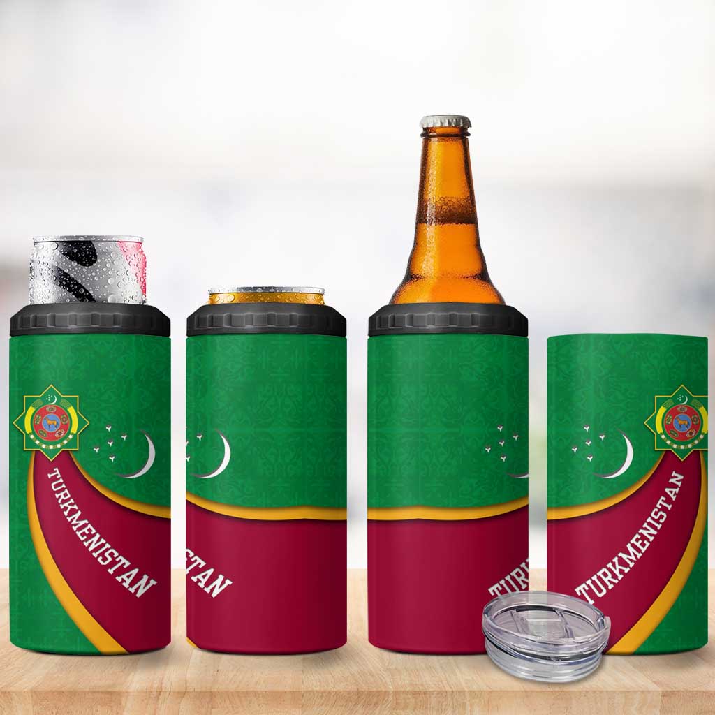 Turkmenistan Green 4 in 1 Can Cooler Tumbler with Crescent Moon and State Emblem Design
