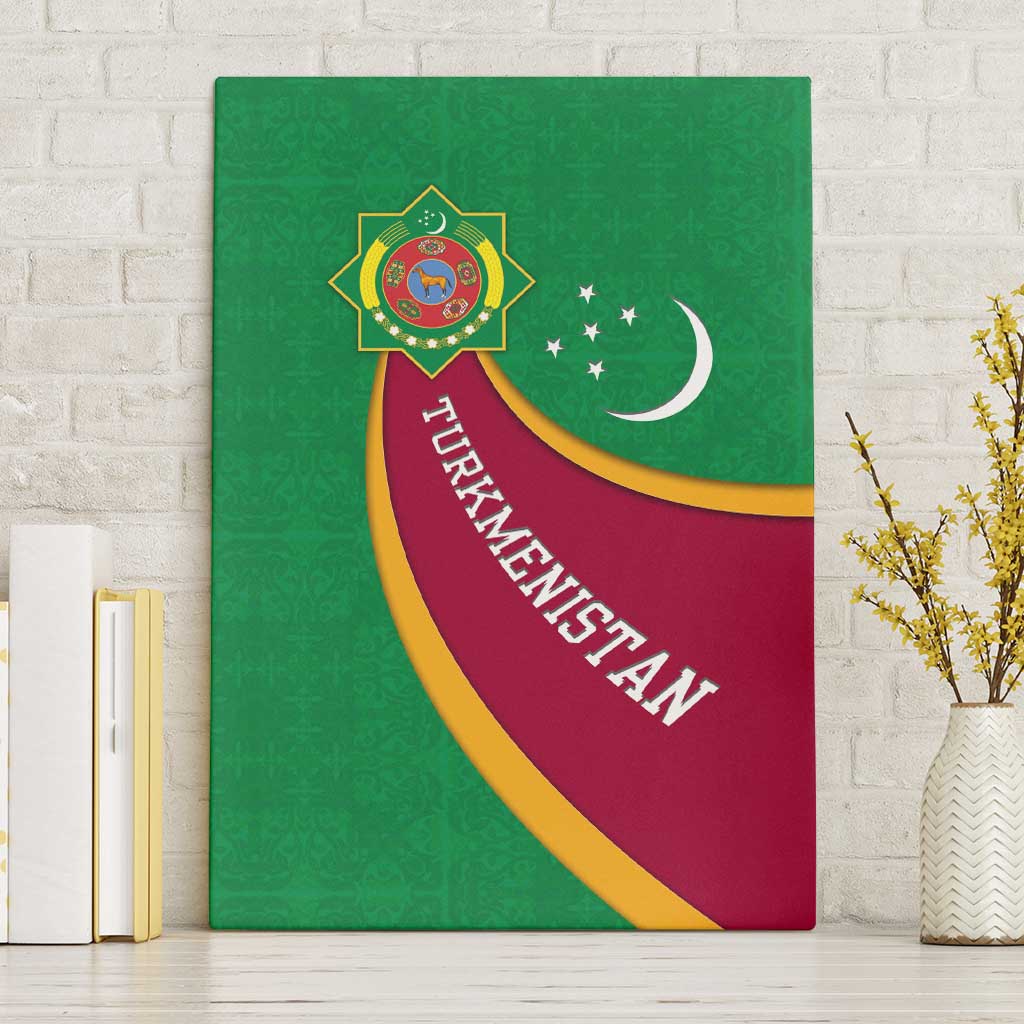 Turkmenistan Green Canvas Wall Art with Crescent Moon and State Emblem Design