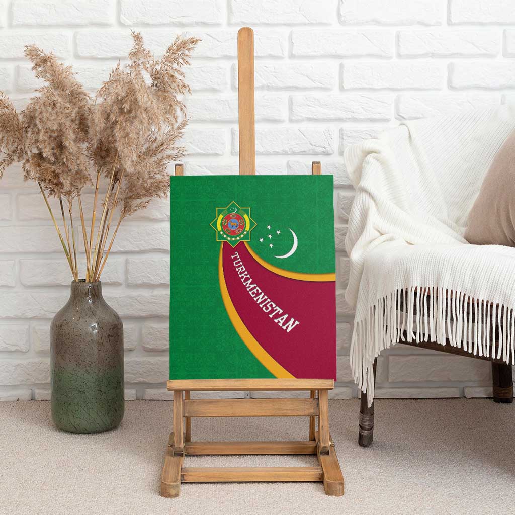 Turkmenistan Green Canvas Wall Art with Crescent Moon and State Emblem Design