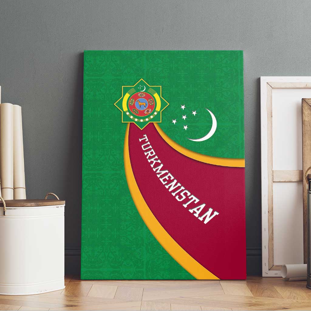Turkmenistan Green Canvas Wall Art with Crescent Moon and State Emblem Design