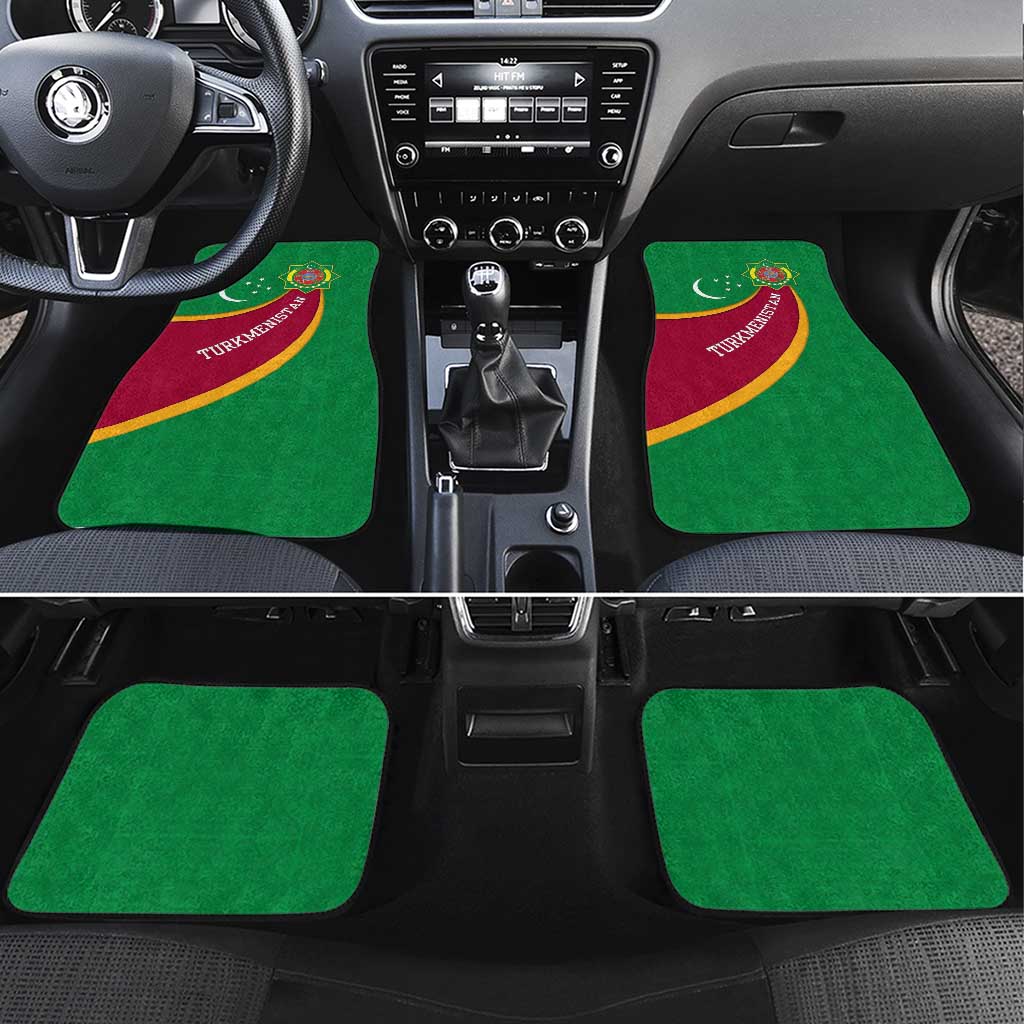 Turkmenistan Green Car Mats with Crescent Moon and State Emblem Design