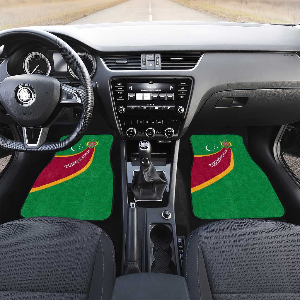 Turkmenistan Green Car Mats with Crescent Moon and State Emblem Design