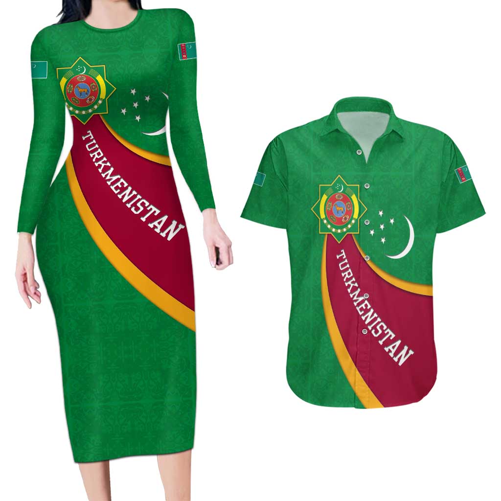 Turkmenistan Green Couples Matching Long Sleeve Bodycon Dress and Hawaiian Shirt with Crescent Moon and State Emblem Design