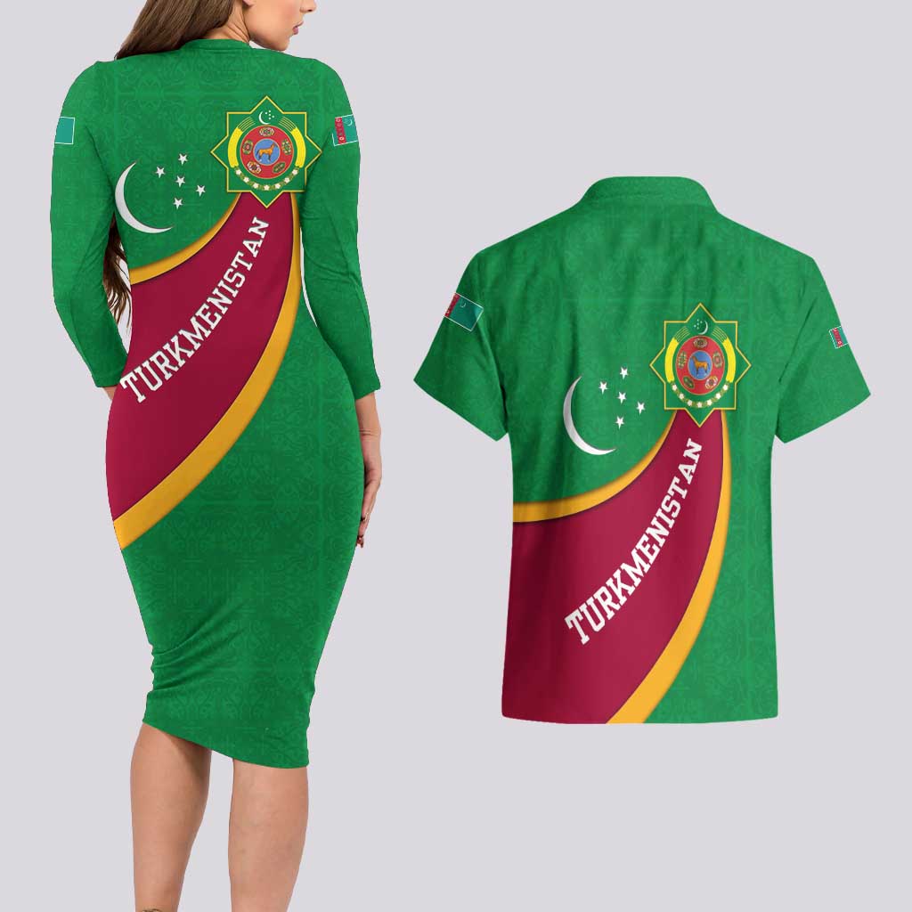 Turkmenistan Green Couples Matching Long Sleeve Bodycon Dress and Hawaiian Shirt with Crescent Moon and State Emblem Design
