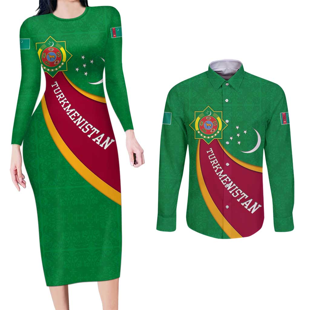 Turkmenistan Green Couples Matching Long Sleeve Bodycon Dress and Long Sleeve Button Shirt with Crescent Moon and State Emblem Design