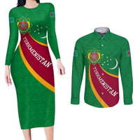 Turkmenistan Green Couples Matching Long Sleeve Bodycon Dress and Long Sleeve Button Shirt with Crescent Moon and State Emblem Design