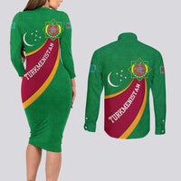 Turkmenistan Green Couples Matching Long Sleeve Bodycon Dress and Long Sleeve Button Shirt with Crescent Moon and State Emblem Design