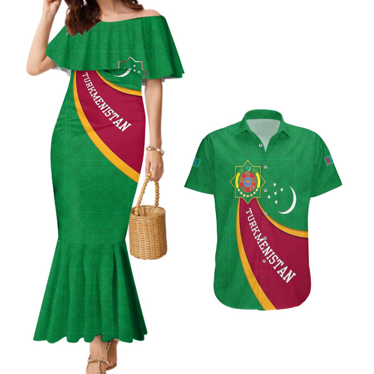 Turkmenistan Green Couples Matching Mermaid Dress and Hawaiian Shirt with Crescent Moon and State Emblem Design