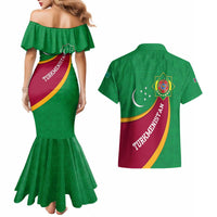 Turkmenistan Green Couples Matching Mermaid Dress and Hawaiian Shirt with Crescent Moon and State Emblem Design