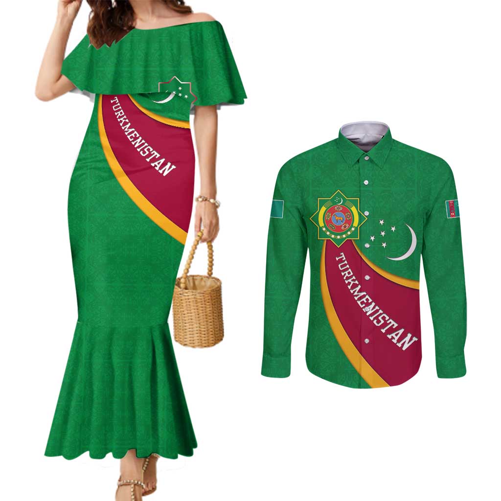 Turkmenistan Green Couples Matching Mermaid Dress and Long Sleeve Button Shirt with Crescent Moon and State Emblem Design