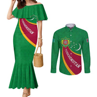 Turkmenistan Green Couples Matching Mermaid Dress and Long Sleeve Button Shirt with Crescent Moon and State Emblem Design