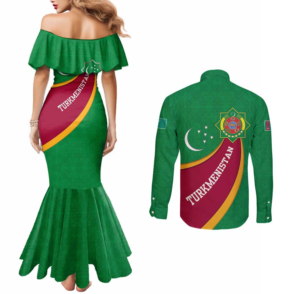 Turkmenistan Green Couples Matching Mermaid Dress and Long Sleeve Button Shirt with Crescent Moon and State Emblem Design